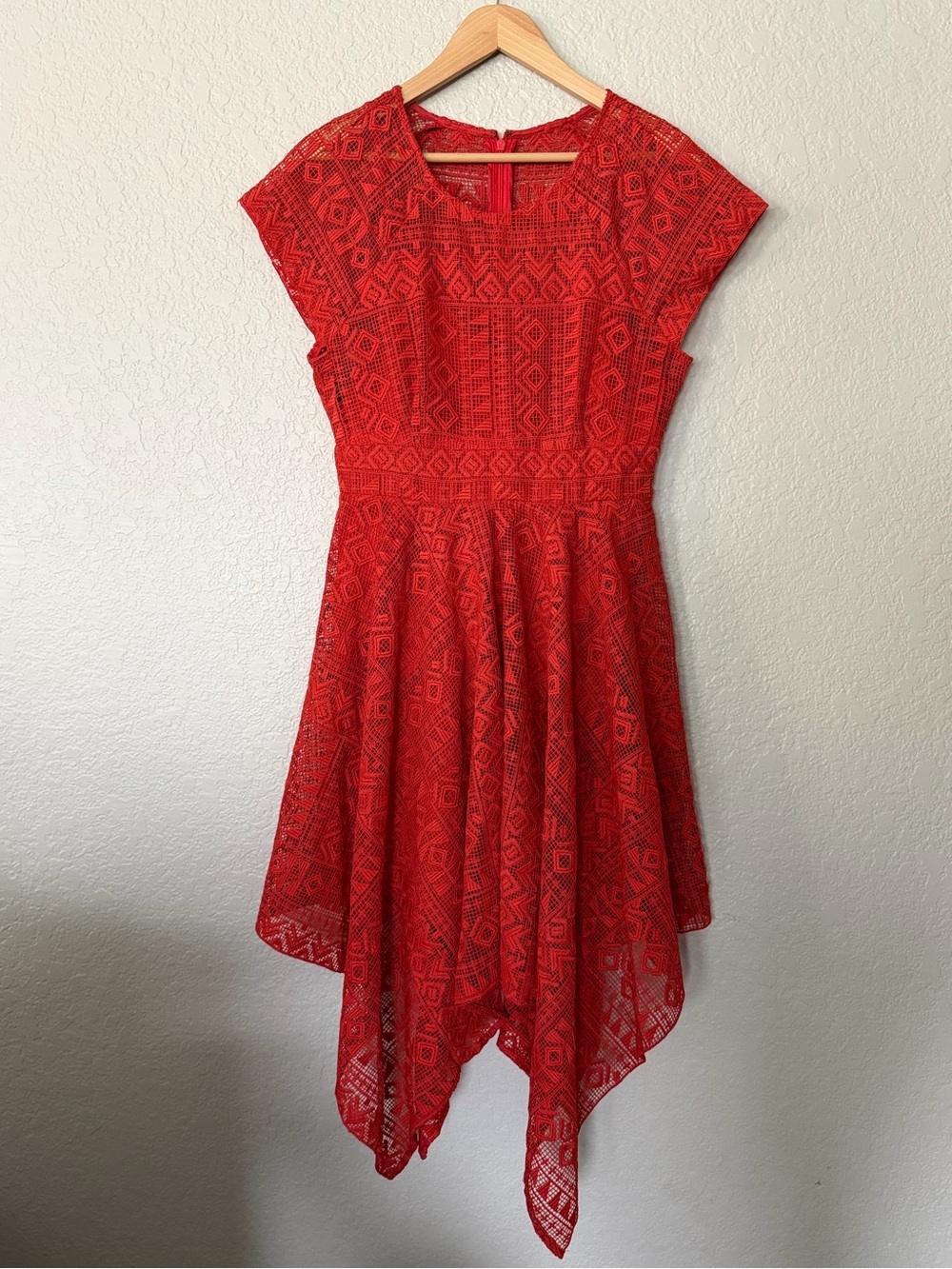 Anthropologie Maeve Prima Lace Orange Lace Asymmetrical Handkerchief Hem Dress